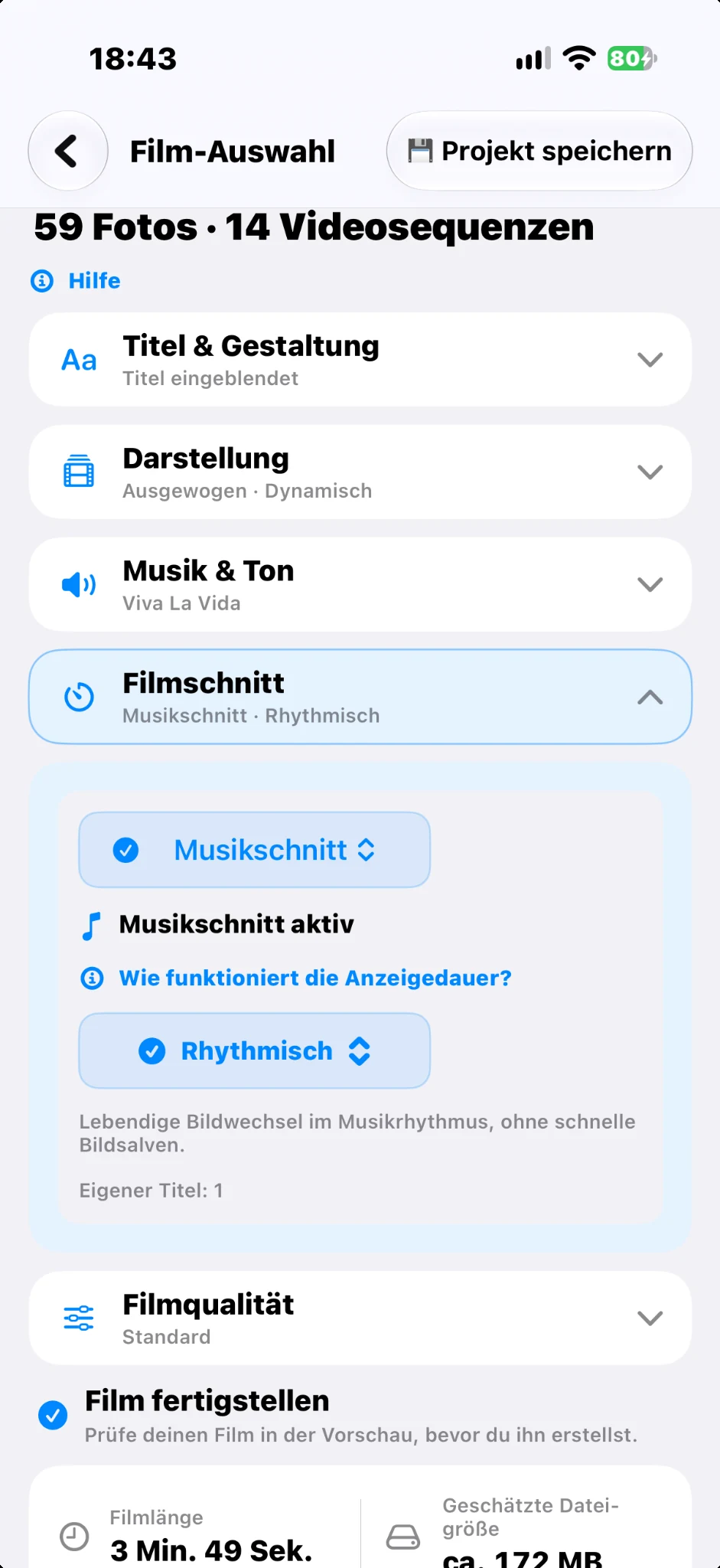 Automatischer Musikschnitt – Original-Screenshot der HolidayFilm-App