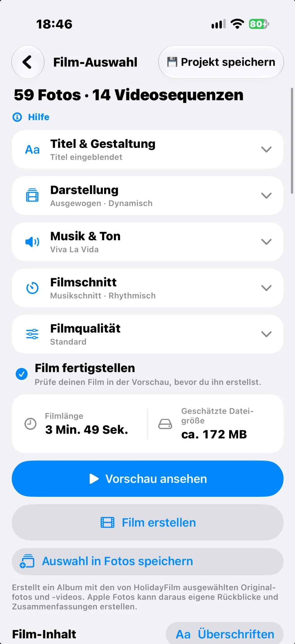 Film speichern und teilen – Original-Screenshot der HolidayFilm-App